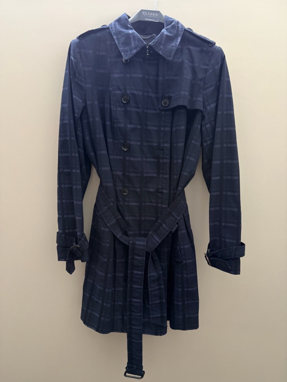 Banana Republic Navy Plaid Double-Breasted Trench Coat